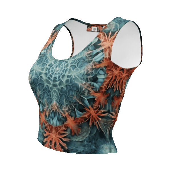 Blue Coral Print Fitness Apparel, Graphic Crop Top