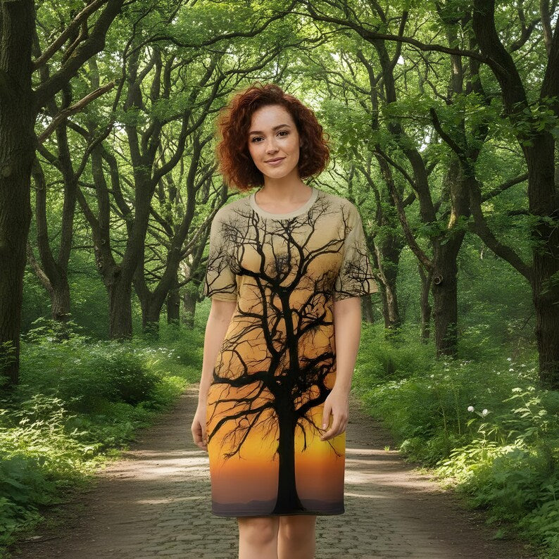 Tree Print Oversized T-Shirt Dress | Multicolour All-Over Print | Women's Casual Wear