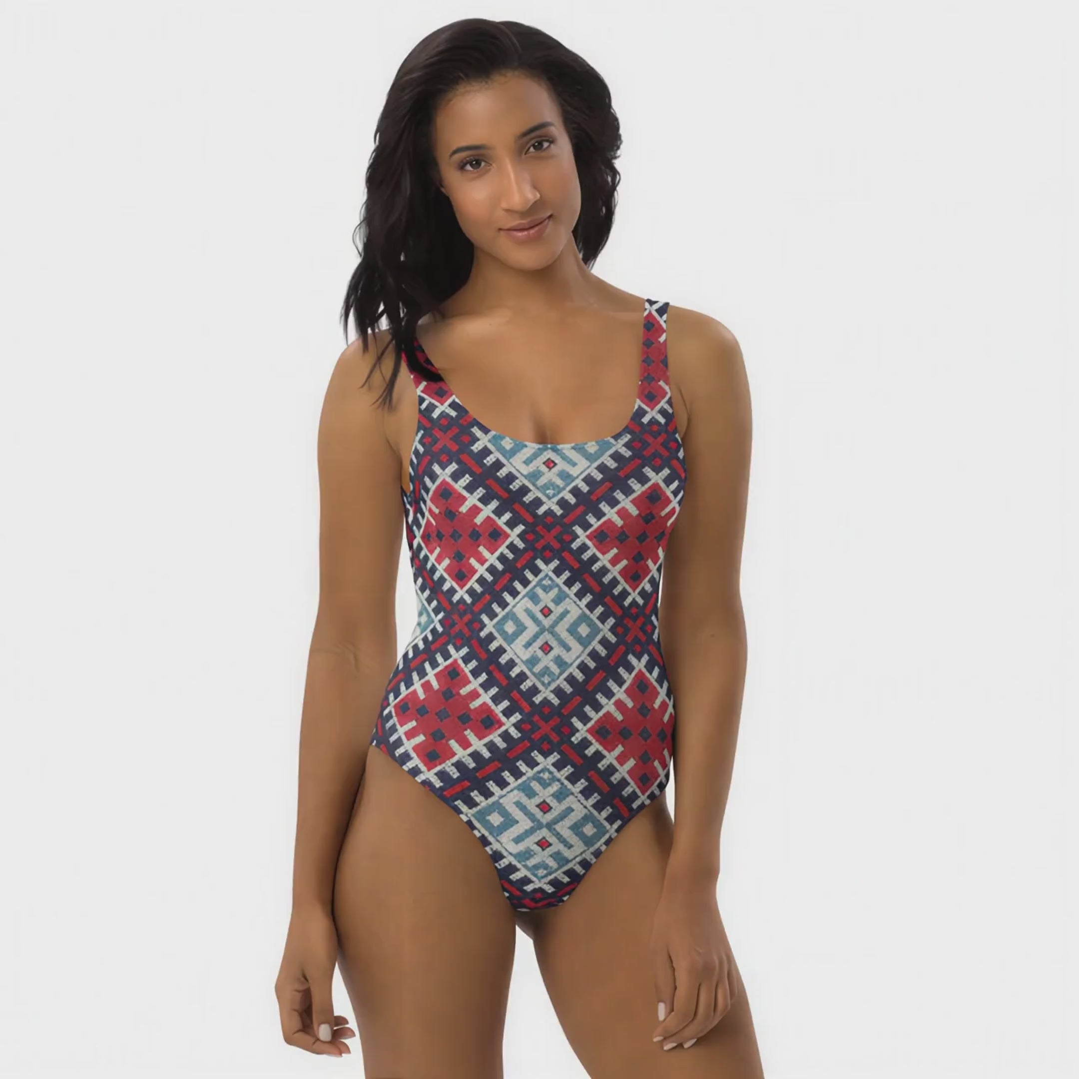 Red, Grey & Maroon Argyle One-Piece Swimsuit — Women's Swimwear