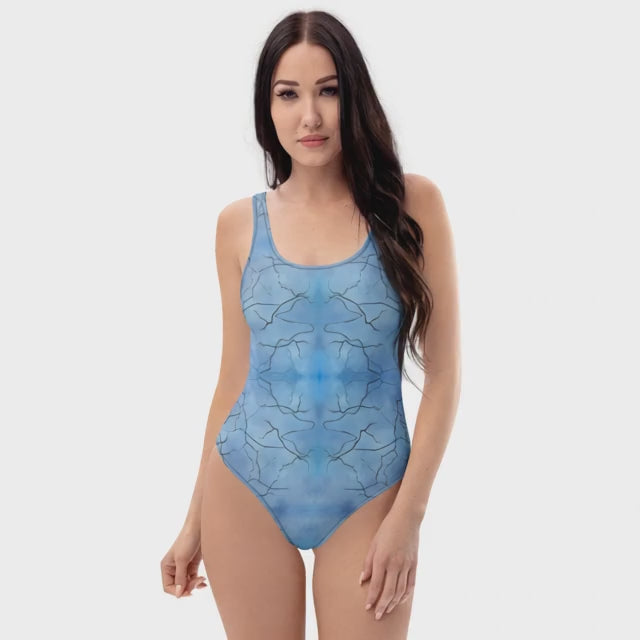 Soft Blue Cracked Earth One-Piece Swimsuit — All-Over Print Festival Swimwear
