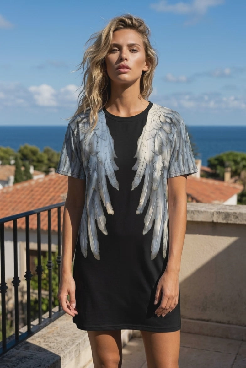 Black Angel Wings Oversized T-Shirt Dress — All-Over Print Festival Dress