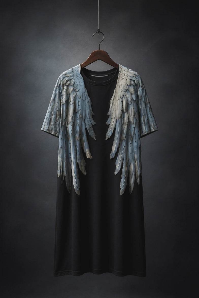 Black Angel Wings Oversized T-Shirt Dress — All-Over Print Festival Dress