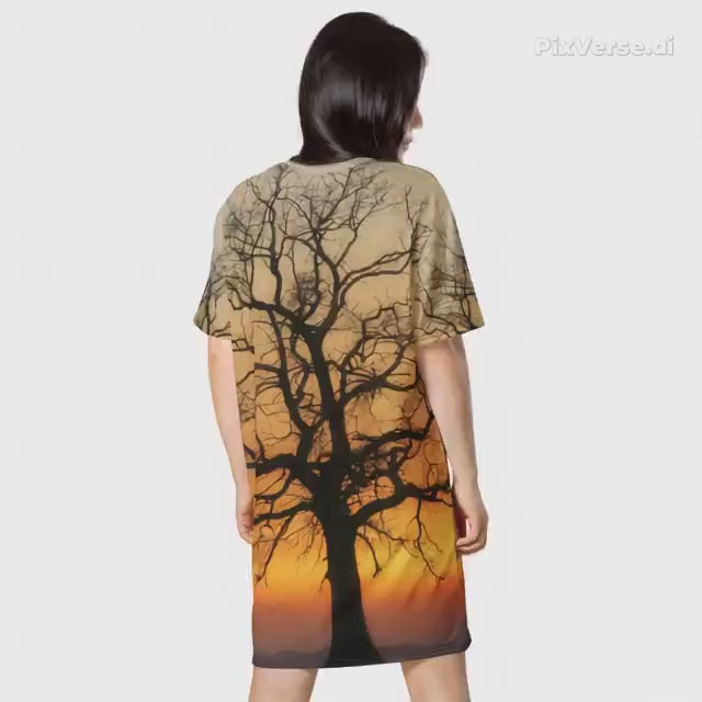 Tree Print Oversized T-Shirt Dress | Multicolour All-Over Print | Women's Casual Wear