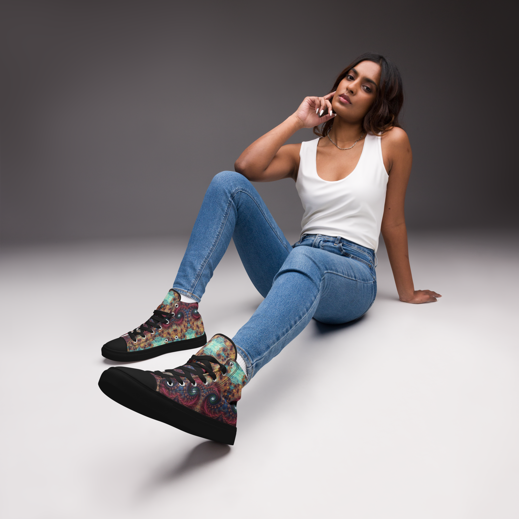Trippy Fractals Print Women's High Top Canvas Shoes