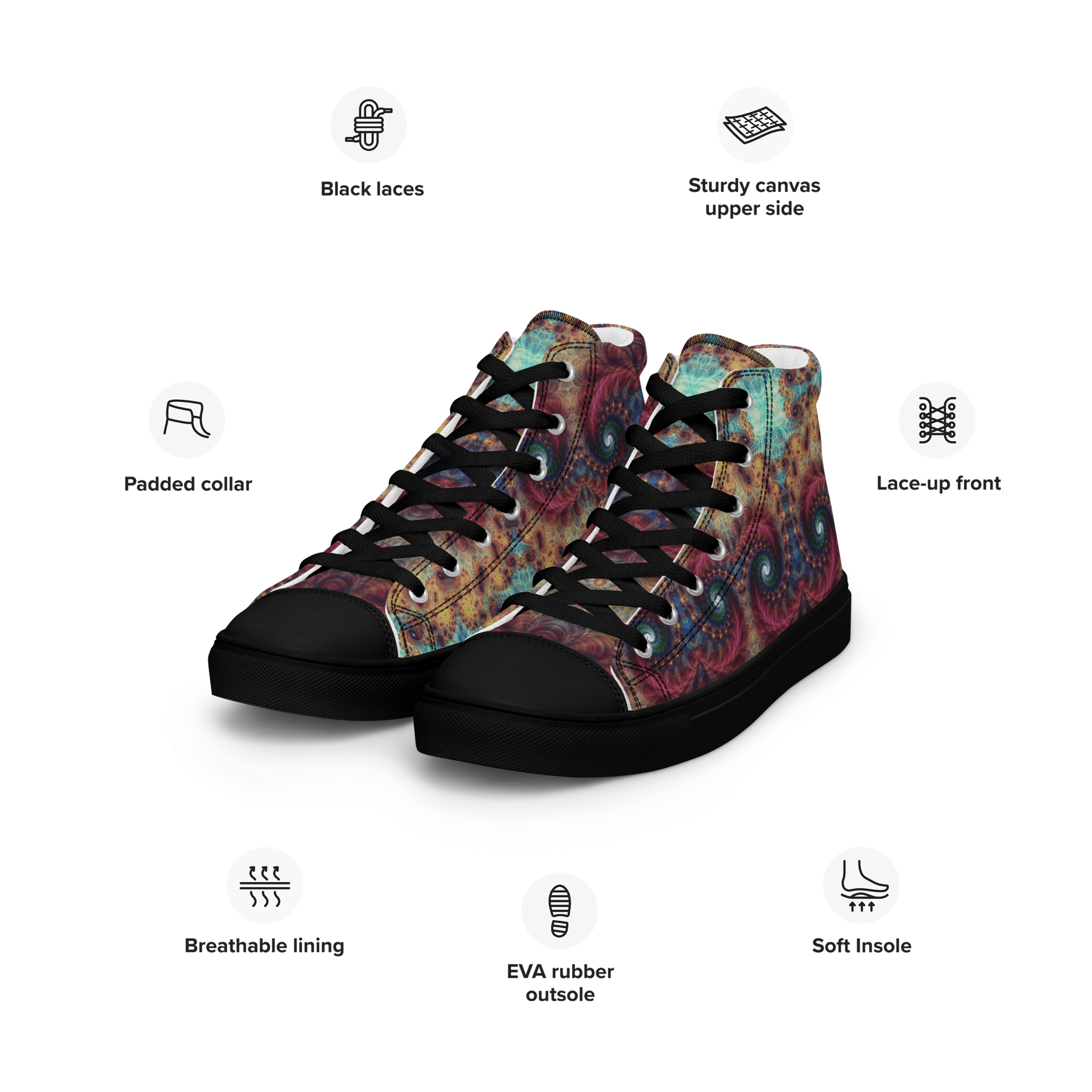 Trippy Fractals Print Women's High Top Canvas Shoes
